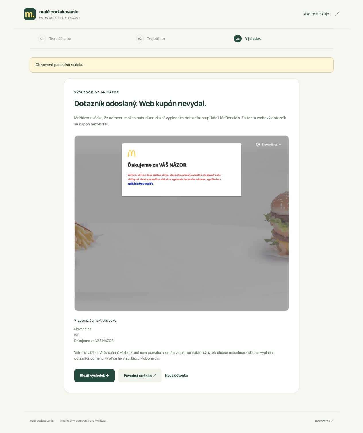 Skutočný výsledok: web nevydal kupón, odporúča vyplnenie v aplikácii